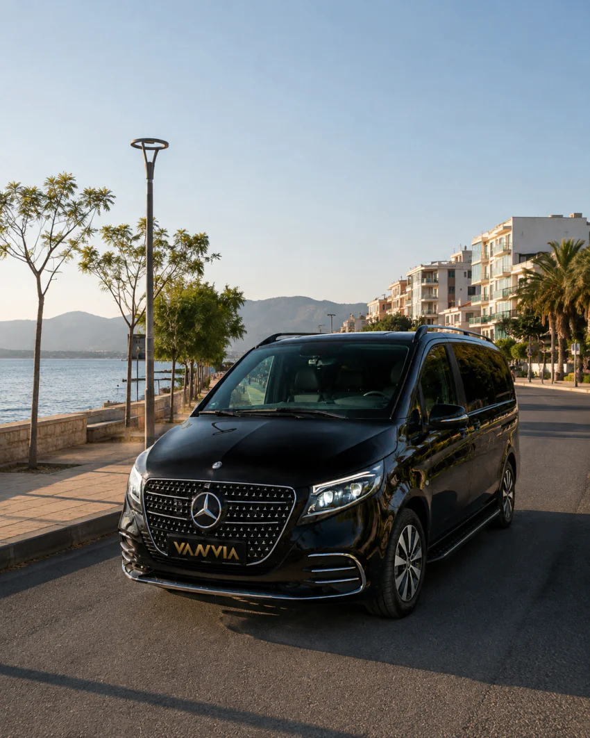 Front view of the Vanvia VIP transfer vehicle parked along a palm-lined coastal boulevard