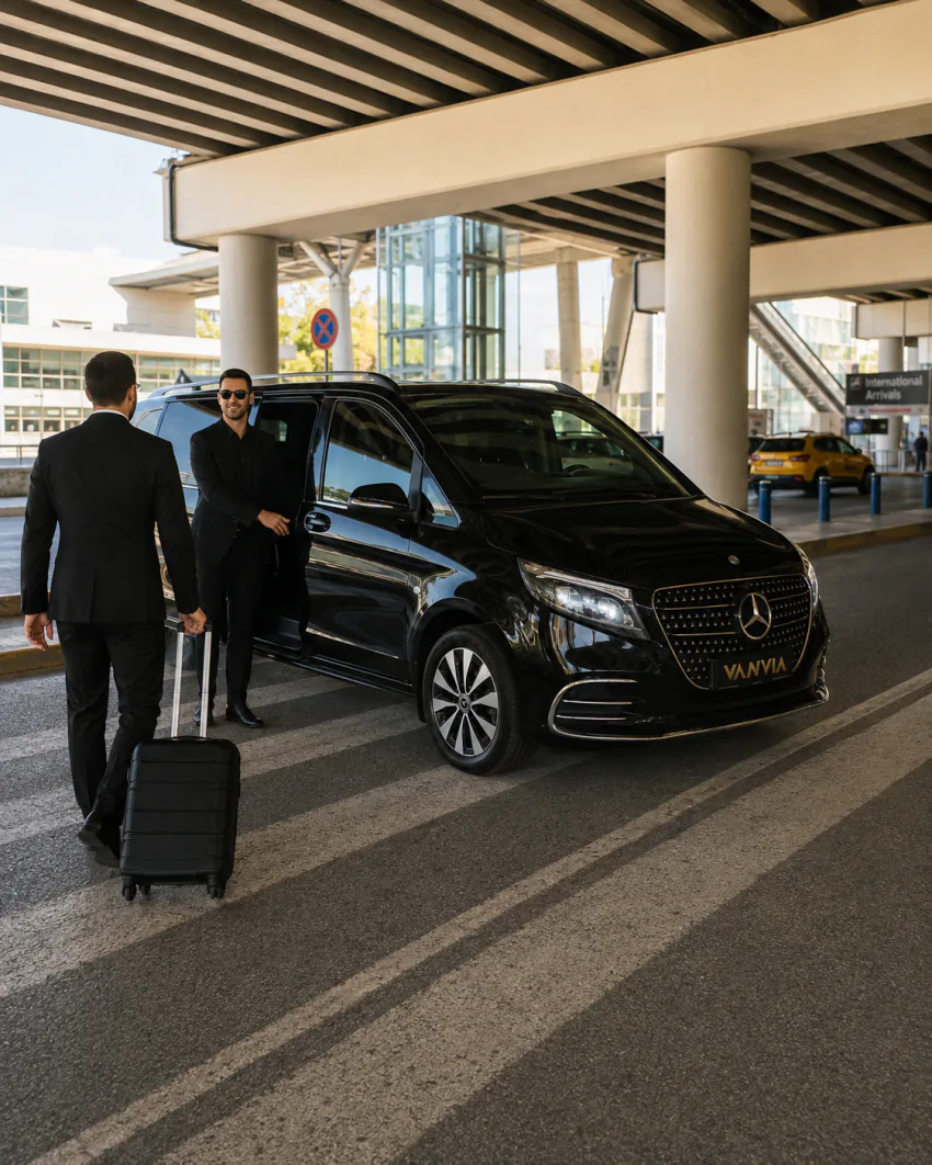 Vanvia chauffeurs waiting with luggage at the ADB Adnan Menderes international arrivals curb