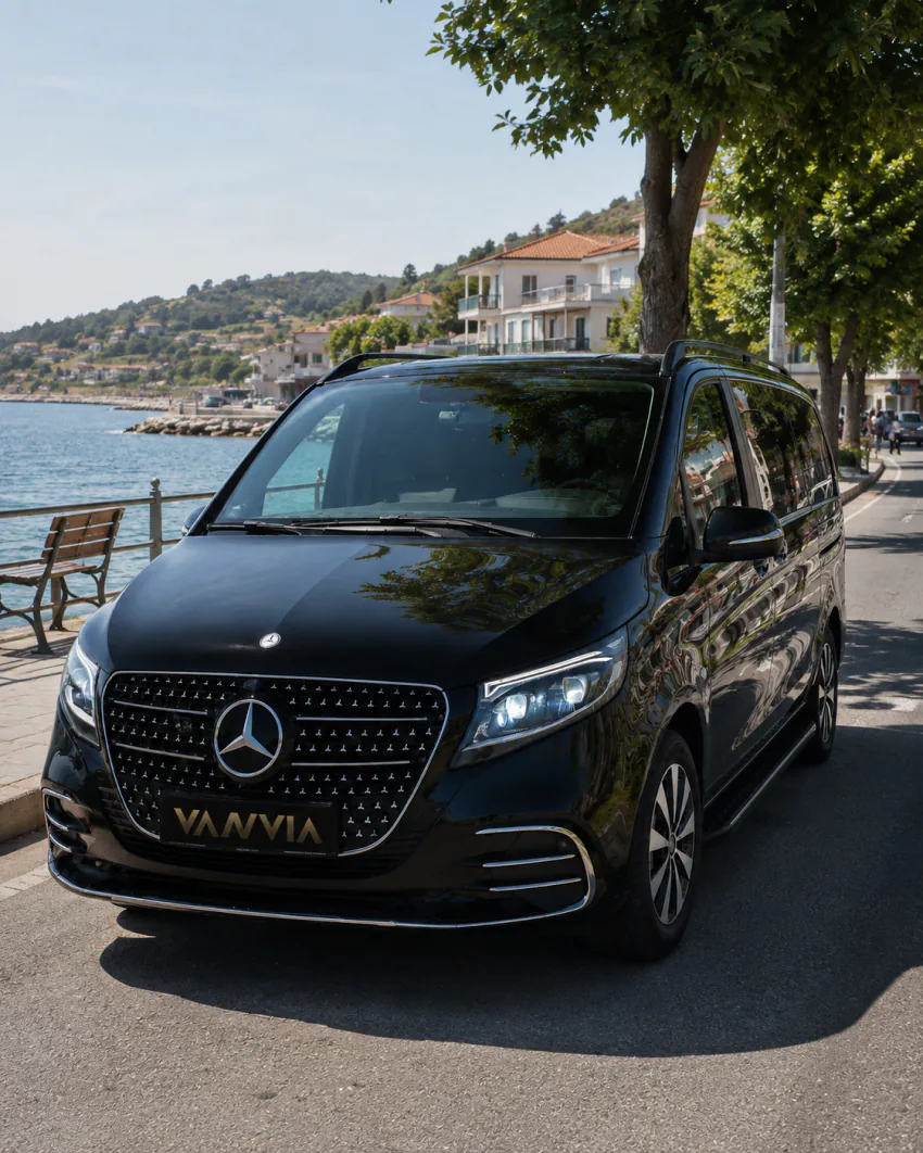 Black Mercedes-Benz Vito VIP parked by the Dikili shoreline ahead of an airport transfer