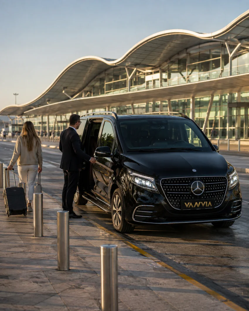 İzmir Havalimanı Fethiye transferinde dalgalı çatılı terminal önünde siyah Vanvia aracının kapısını açan şoför ve valizli yolcu