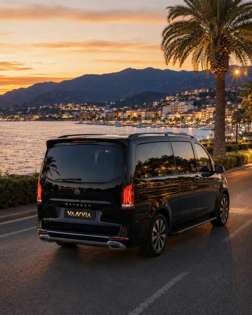 A rear view of a black Vanvia VIP transfer vehicle parked at dusk with a lit-up coastal town and marina in view behind it
