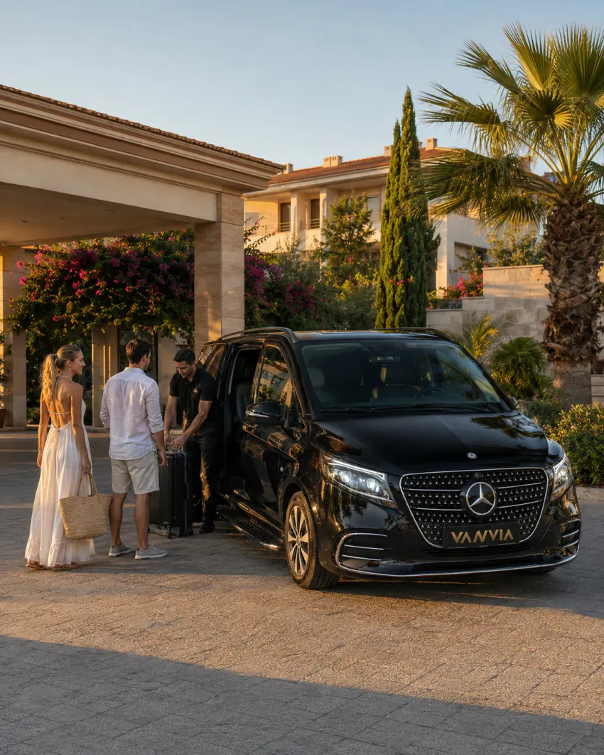 Guests walking with their suitcases toward a bougainvillea-covered accommodation entrance by day, with a black Vanvia VIP transfer vehicle waiting as the driver holds the door open