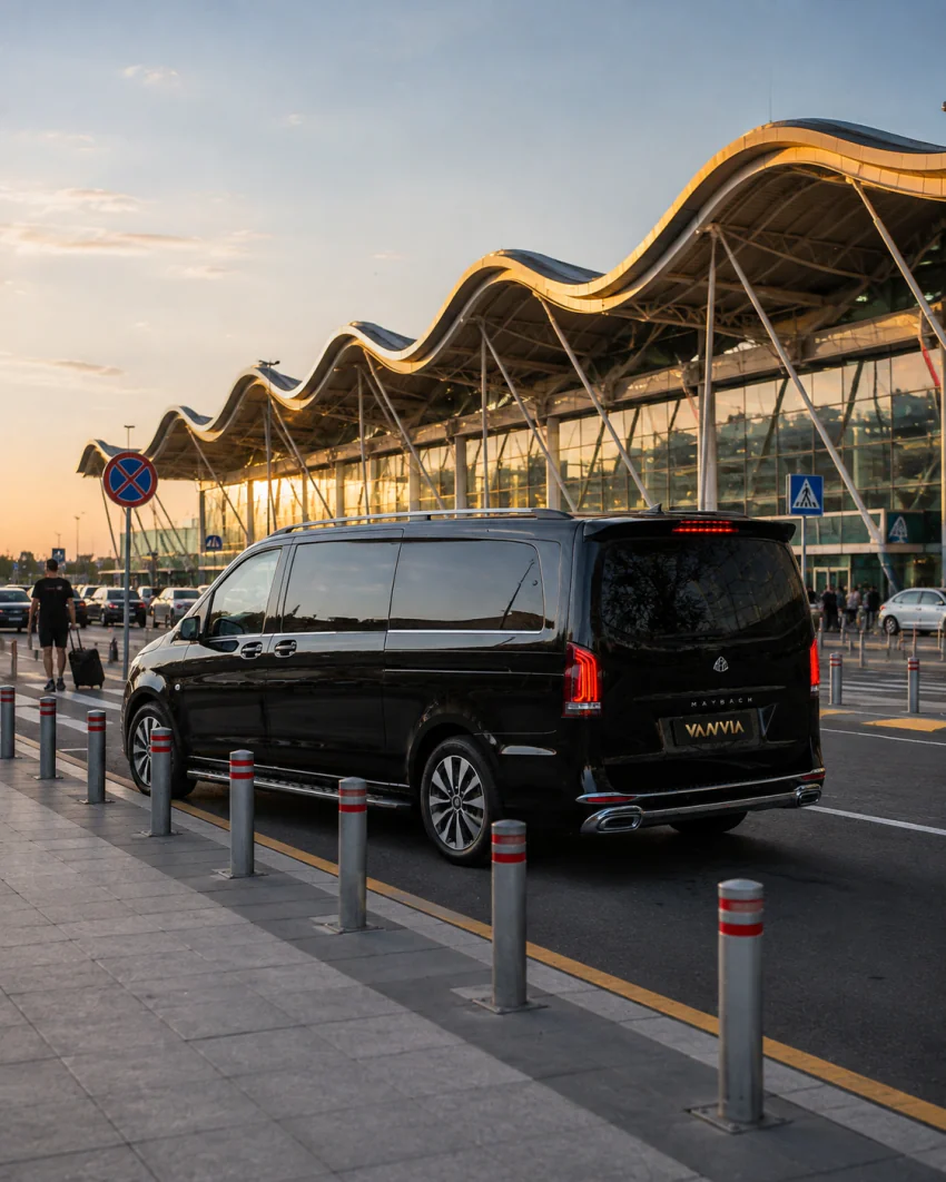 ADB Küçükkuyu transfer için gündüz terminal önünde arka kapısı açık bekleyen siyah Vanvia VIP transfer aracının görünümü, arkada cam cepheli terminal binası ve yolcular