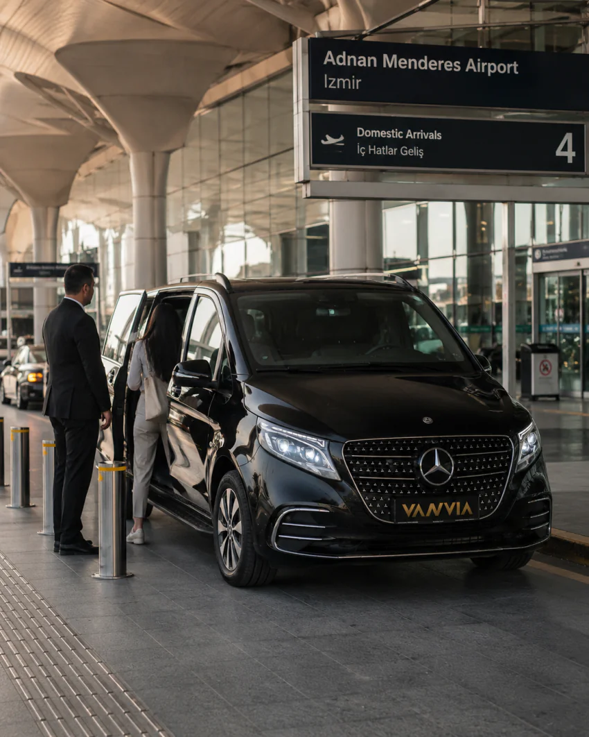 Vanvia VIP transfer vehicle parked by a village waterfront lined with fishing boats and seaside restaurants