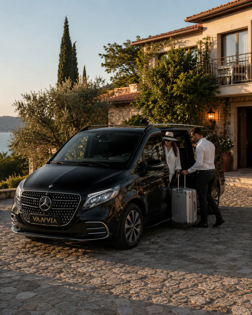 A Vanvia chauffeur greeting a passenger at the ADB Adnan Menderes domestic arrivals curb