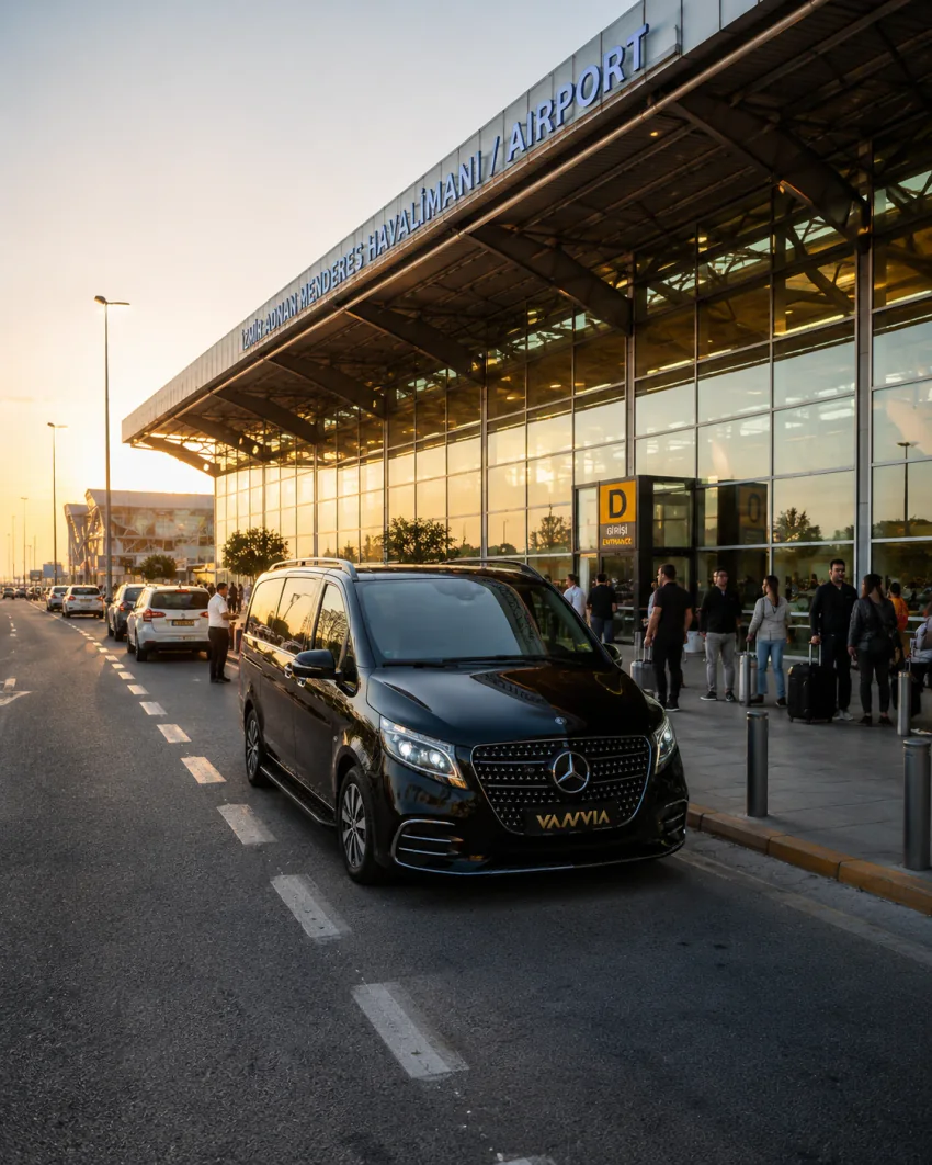 A black Vanvia VIP transfer vehicle parked outside the İzmir Adnan Menderes Airport terminal at sunset, with the airport signage and passengers with luggage visible