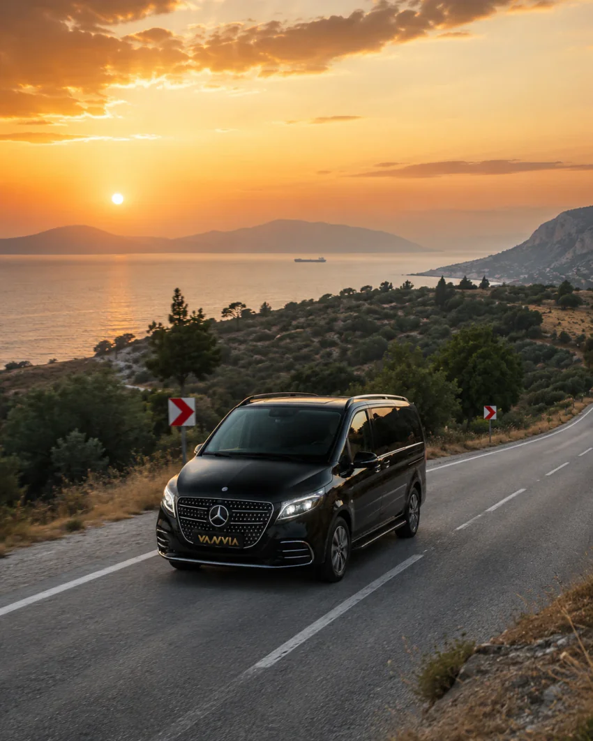 A black Vanvia VIP transfer vehicle driving along an open coastal road at sunset, with the sea, a distant ship and coastal hills visible