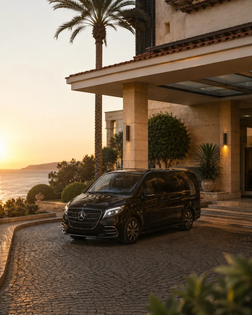 A black Vanvia VIP transfer vehicle parked in a hotel entrance driveway at sunset, with a palm tree and a sea view in the background