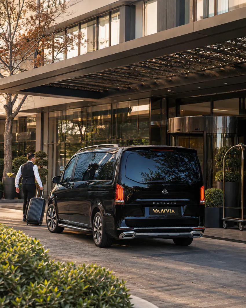 Vanvia chauffeur wheeling a suitcase toward the entrance of a modern building, with the vehicle waiting behind