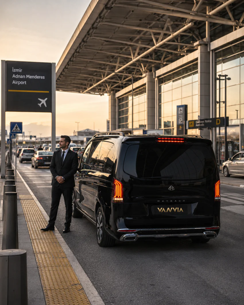 Vanvia chauffeur and Mercedes-Benz Vito VIP waiting outside the ADB Izmir Adnan Menderes Airport terminal