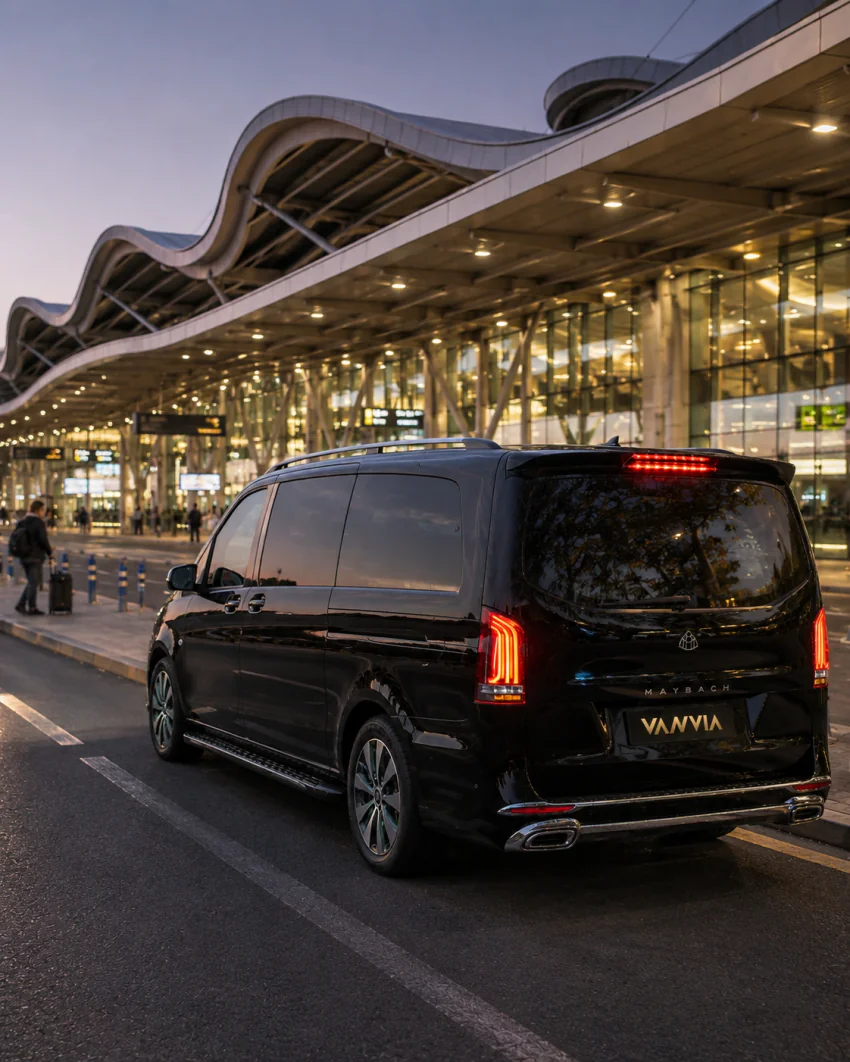 ADB Menderes transfer için alacakaranlıkta dalga şeklindeki terminal kanopisi altında duran siyah Vanvia VIP transfer aracının arka görünümü, arkada bavuluyla yürüyen bir yolcu