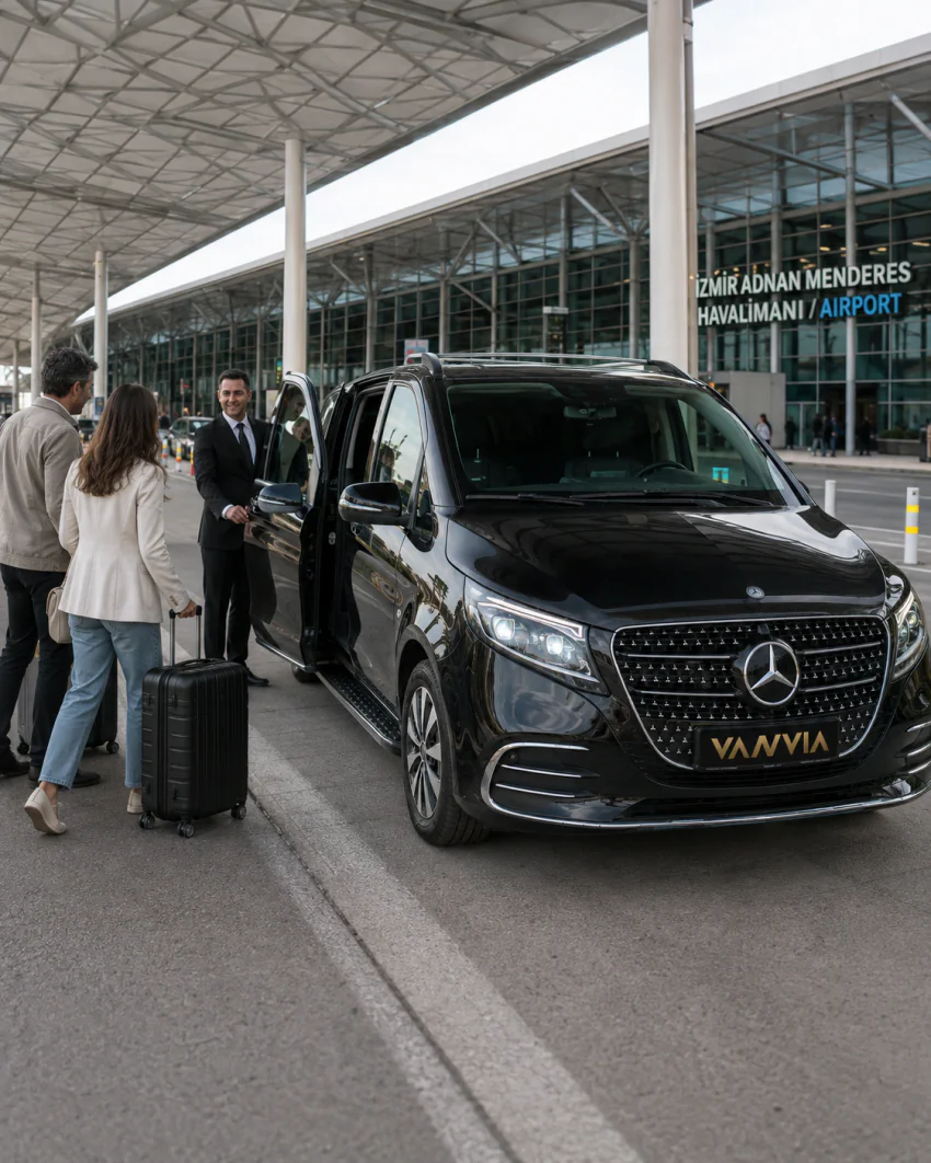 "İzmir Adnan Menderes Havalimanı" yazılı terminal binası önünde, bavullarıyla yaklaşan bir çifti karşılamak üzere kapıyı açan şoförle birlikte duran siyah Vanvia VIP aracının görünümü