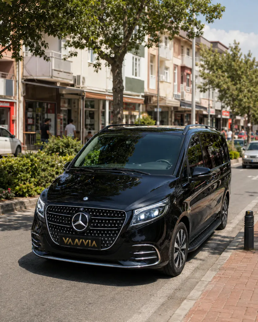 Mercedes-Benz Vito VIP waiting on a market street for an Izmir Airport Menemen transfer