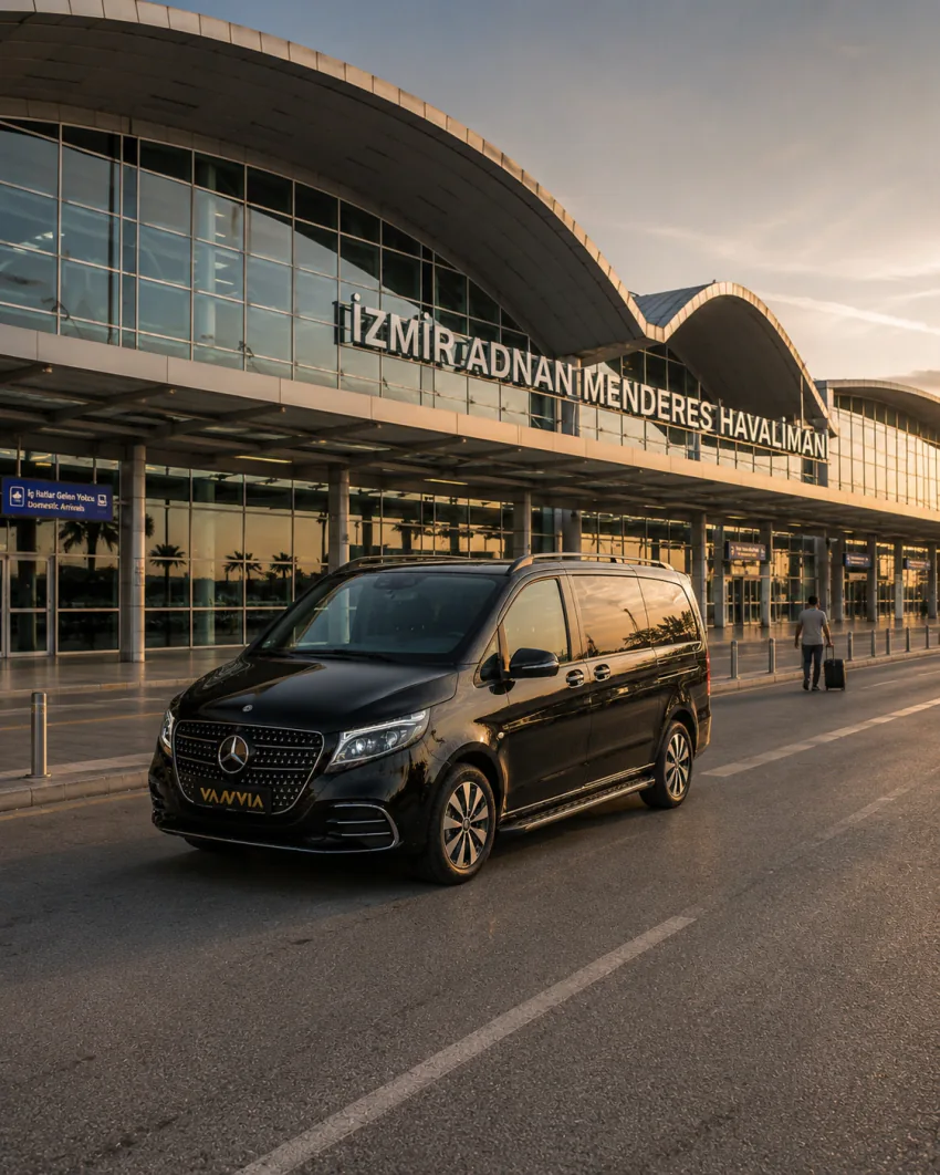 ADB'den Seferihisar'a yolculuk için İzmir Adnan Menderes Havalimanı terminali önünde, iç hatlar geliş tabelası yakınında bekleyen siyah Vanvia aracı