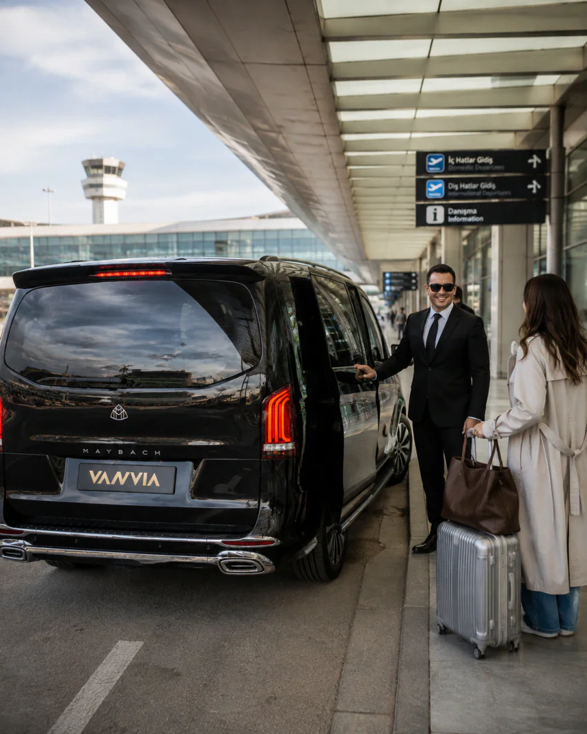 A black Vanvia VIP vehicle seen from the rear at a covered airport walkway with departures signage visible, as the driver holds the door open beside passengers with luggage