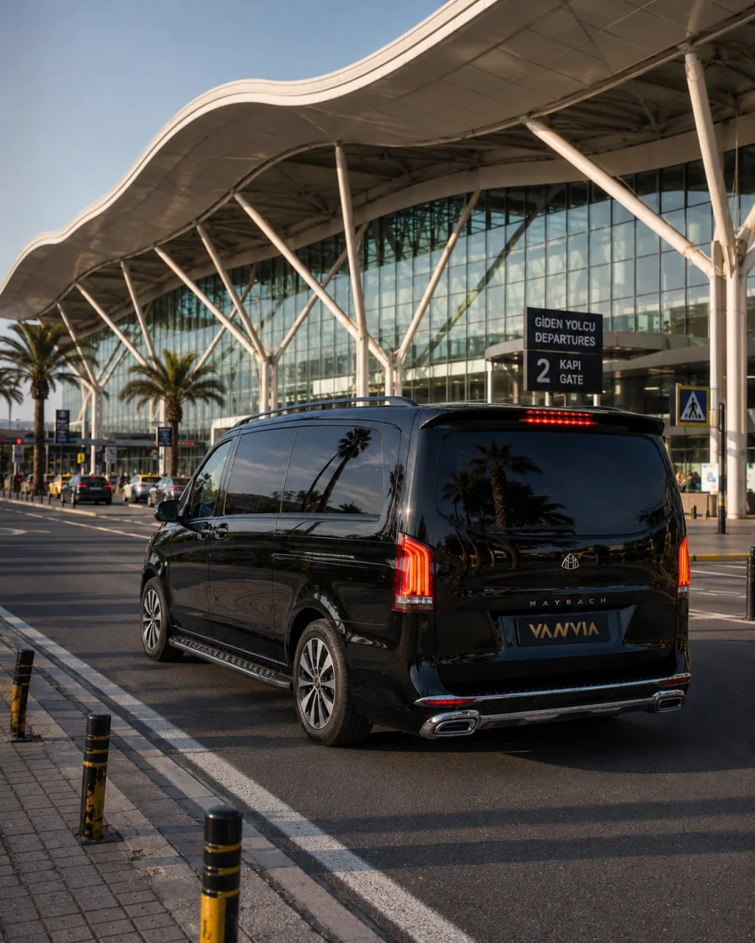 A black Vanvia VIP transfer vehicle at the curb in front of the curved terminal roof in daylight, for the ADB Sığacık transfer