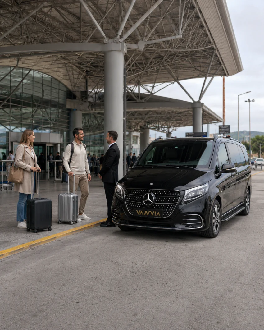 A Vanvia chauffeur greeting passengers at the curb of Izmir Adnan Menderes Airport