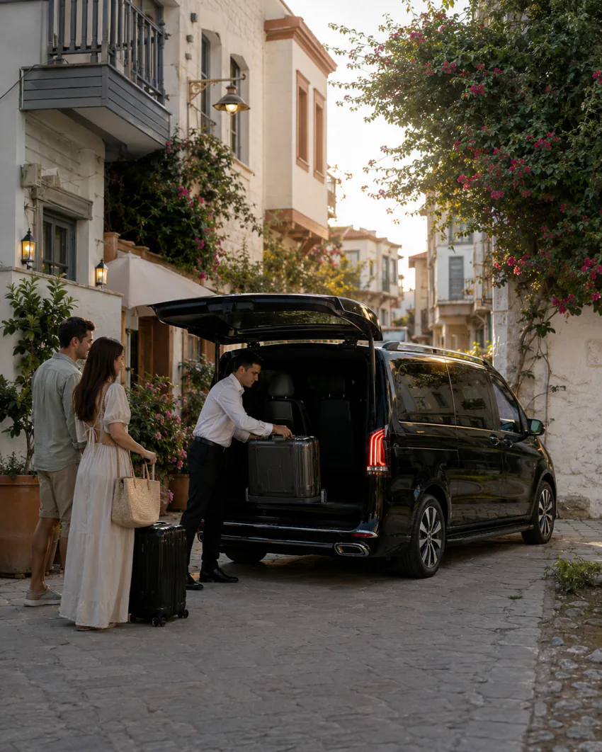 Vanvia chauffeur loading a suitcase into the vehicle's trunk on a bougainvillea-lined cobblestone street in Sığacık, with travelers waiting nearby
