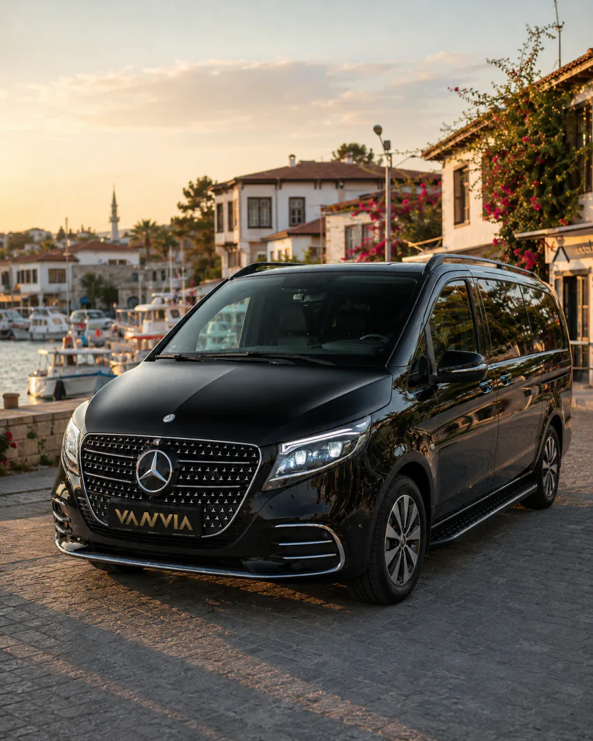 The Vanvia vehicle passing through the cobblestone street of a coastal town, with small boats visible in the distance