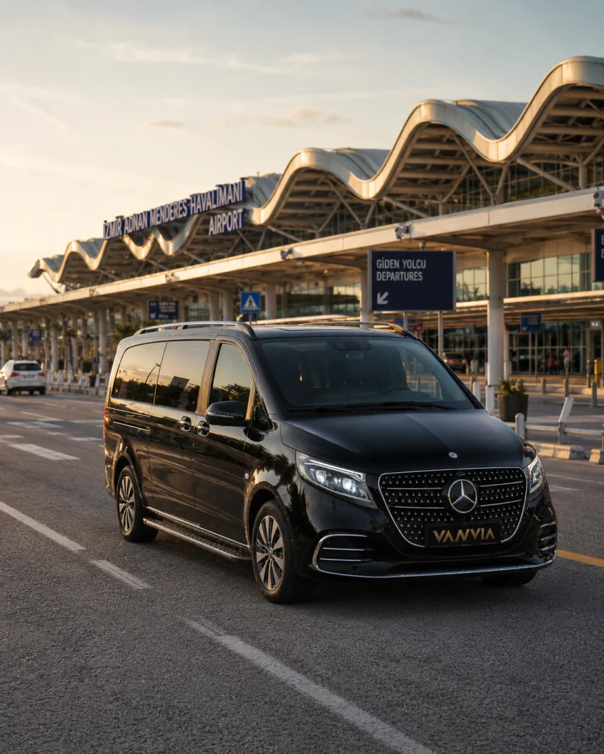 Frontansicht des Vanvia-VIP-Transferfahrzeugs vor dem Terminal des Flughafens Izmir Adnan Menderes bei Sonnenuntergang
