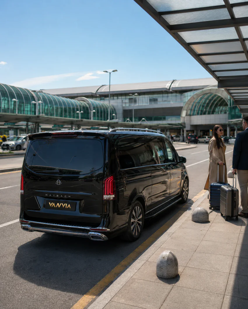 Waiting passengers and the Vanvia vehicle at the ADB Adnan Menderes Airport arrivals curb