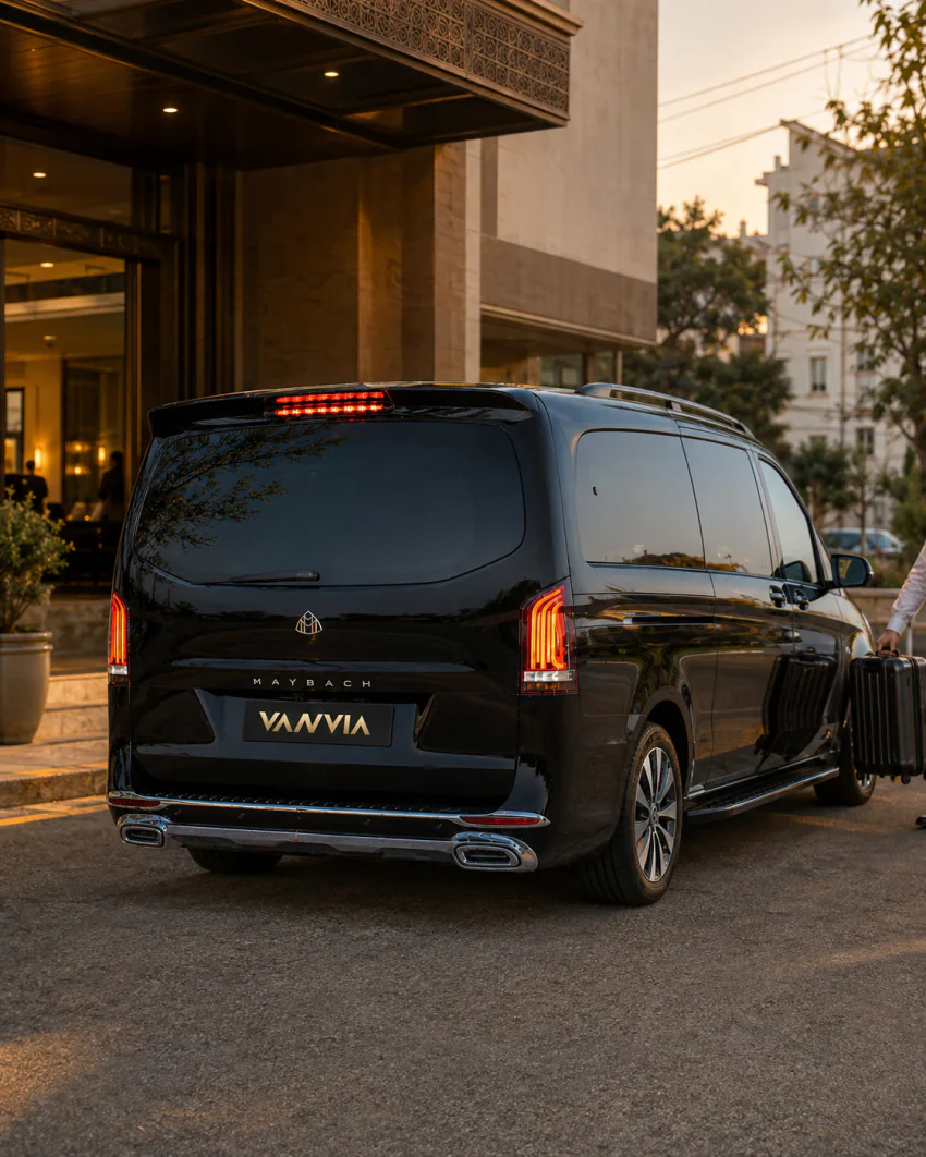 A departing guest with luggage at a hotel entrance in the evening