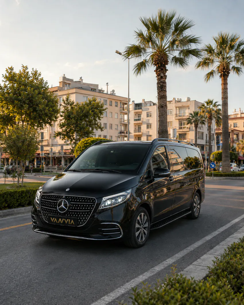 Mercedes-Benz Vito VIP driving along a palm-lined street