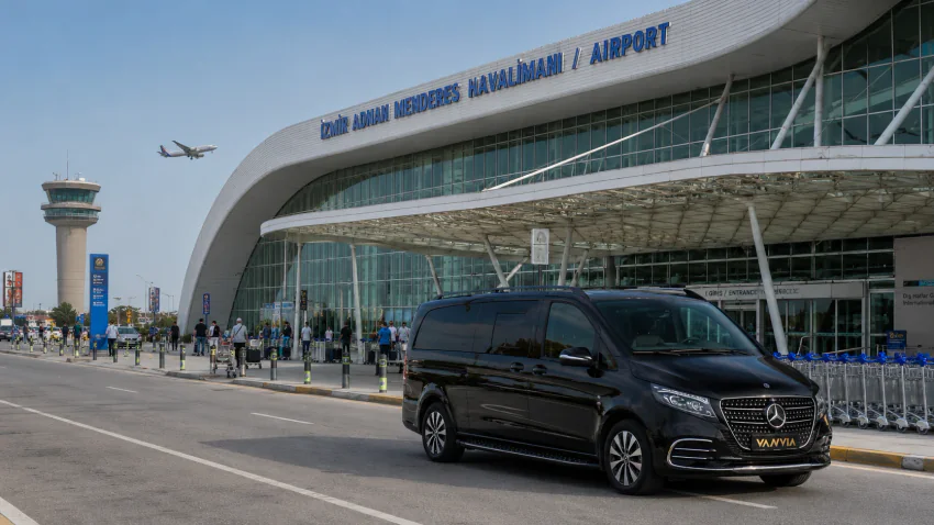 Das Vanvia-VIP-Transferfahrzeug parkt vor dem Terminal des Flughafens Izmir Adnan Menderes, im Hintergrund ein startendes Flugzeug und der Kontrollturm