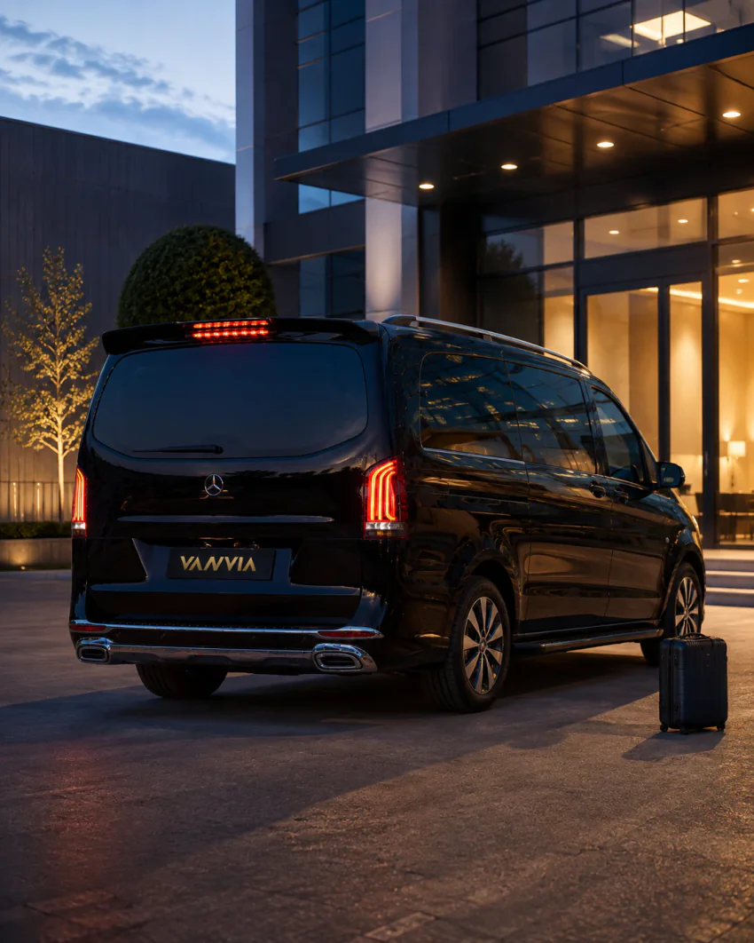 A guest waiting with luggage at a building entrance in the evening