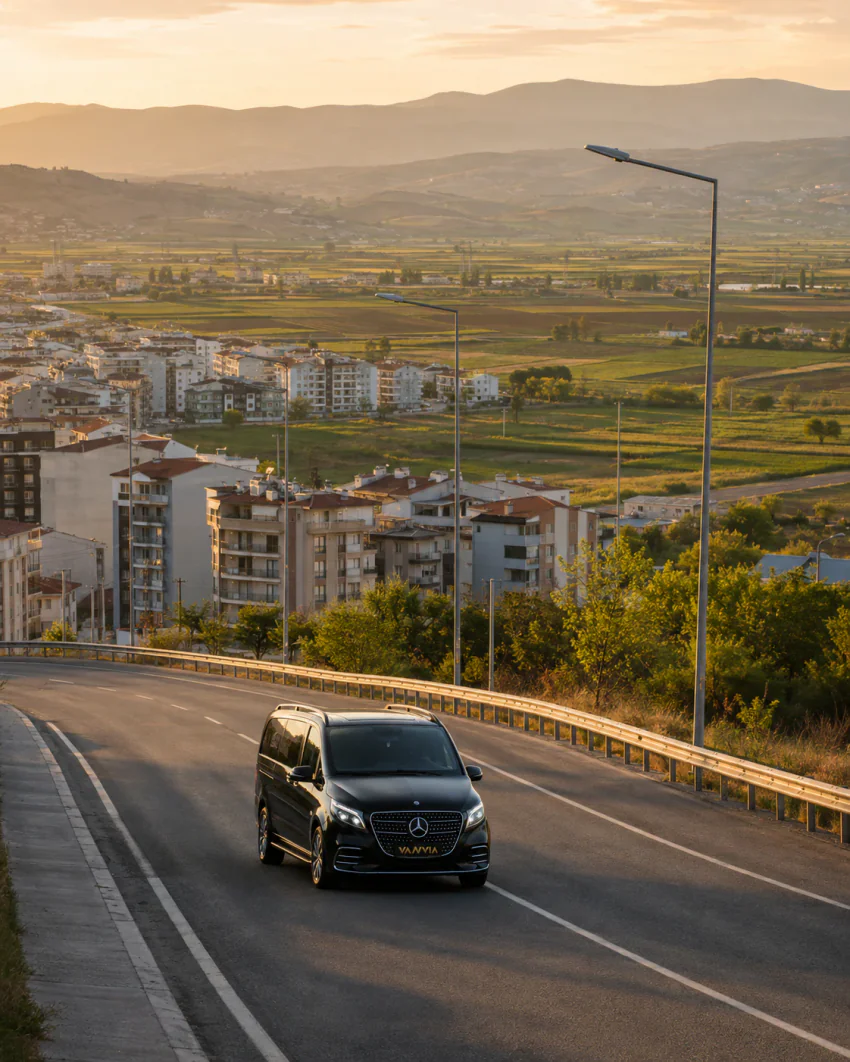 Mercedes-Benz Vito VIP on a hillside road overlooking a valley town for an Izmir Airport Torbali transfer
