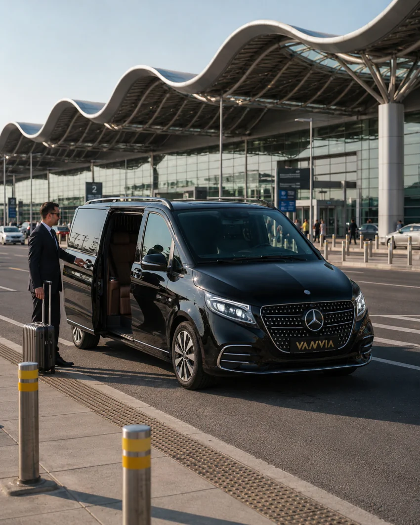 A rear view of a black Vanvia VIP transfer vehicle under the terminal canopy, accompanied by a passenger walking with luggage, for the ADB Turgutlu transfer