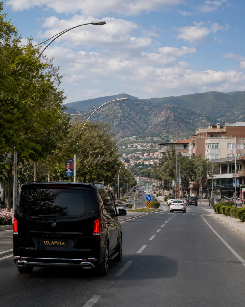 Vanvia Mercedes-Benz Vito VIP driving along a tree-lined street, with low-rise buildings and mountains visible in the background