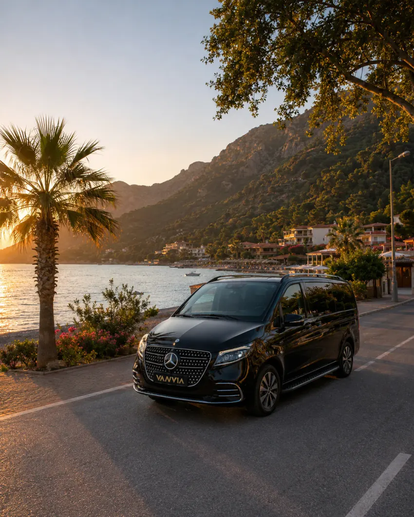 Frontansicht eines schwarzen Vanvia-VIP-Transferfahrzeugs, das im goldenen Licht an einem Aussichtspunkt neben einer Palme mit Blick auf die Bucht von Adrasan steht, am gegenüberliegenden Ufer sind Dorfhäuser sichtbar