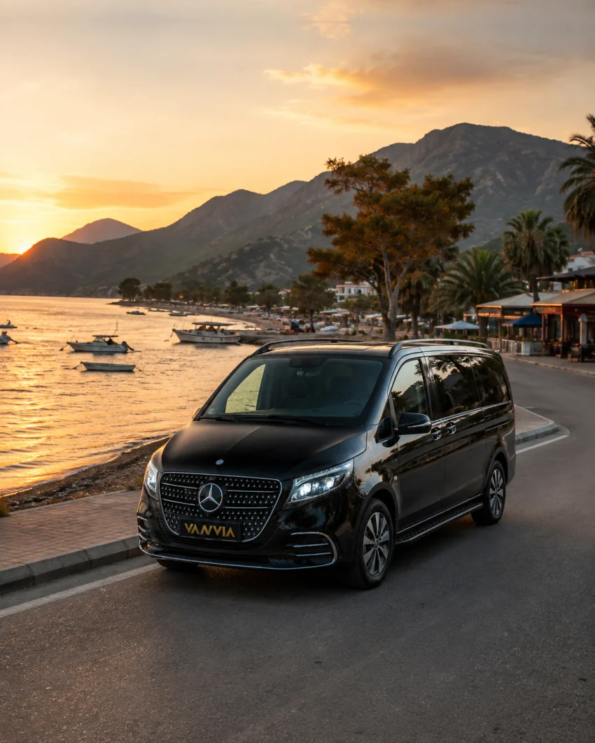 Frontansicht eines schwarzen Vanvia-VIP-Transferfahrzeugs, das bei Sonnenuntergang an der Strandpromenade von Adrasan steht, im Wasser vor Anker liegende kleine Boote und eine Reihe von Restaurants am Ufer