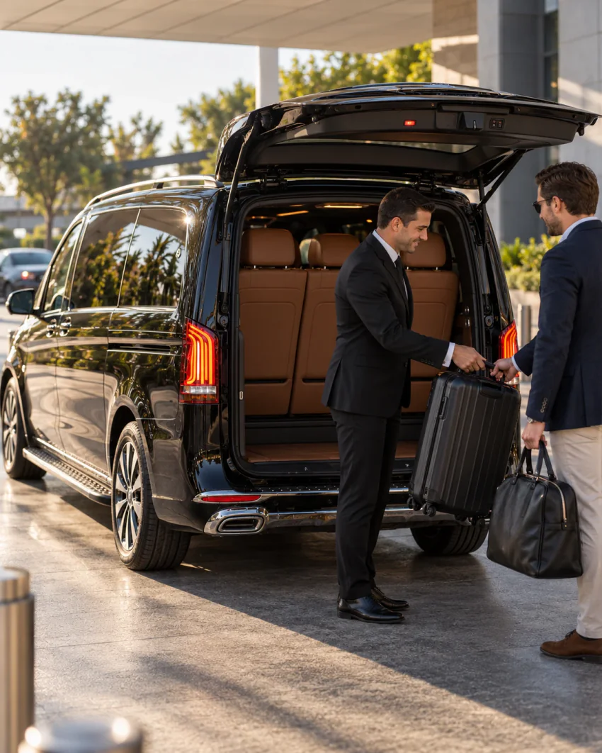 Bagaj kapağı açık siyah Vanvia VIP transfer aracının arka çapraz görünümü; takım elbiseli şoför terminal saçağının altında valizi, elinde çanta tutan yolcuya teslim ediyor