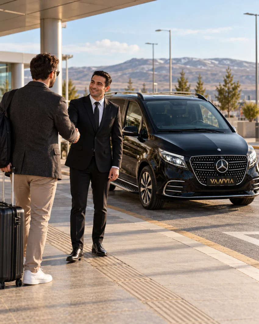 Takım elbiseli şoför, terminal önündeki kaldırımda sırt çantalı ve valizli yolcuyla tokalaşıyor; arkada siyah Vanvia VIP transfer aracı ve iğne yapraklı ağaçlar var