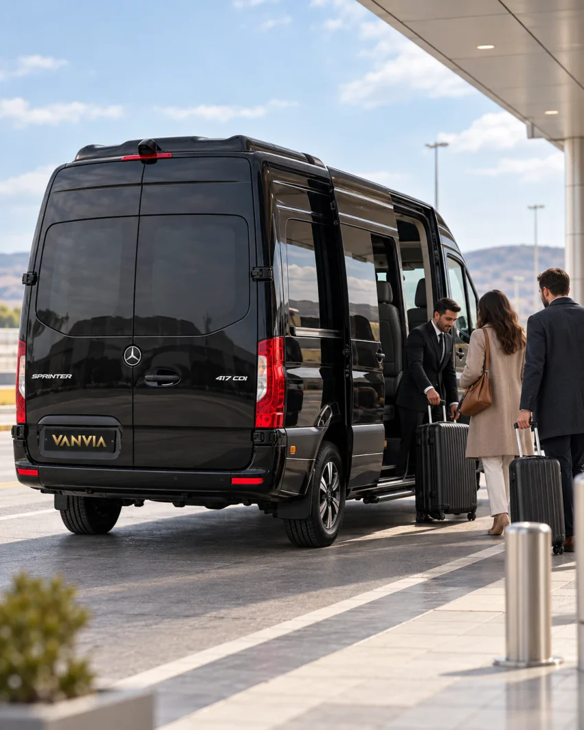 Sağ yan sürgülü kapısı açık, arka kapıları kapalı siyah Vanvia VIP transfer aracının arka çapraz görünümü; şoför kapıda valizle ilgilenirken iki yolcu valizleriyle yaklaşıyor