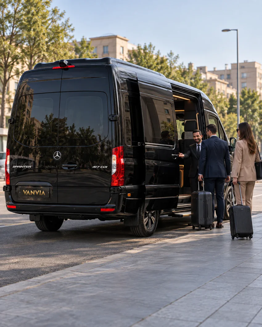 Schräge Heckansicht eines schwarzen Vanvia-VIP-Transferfahrzeugs mit geöffneter rechter Schiebetür; der Chauffeur begrüßt lächelnd zwei Reisende mit Koffern neben der Tür