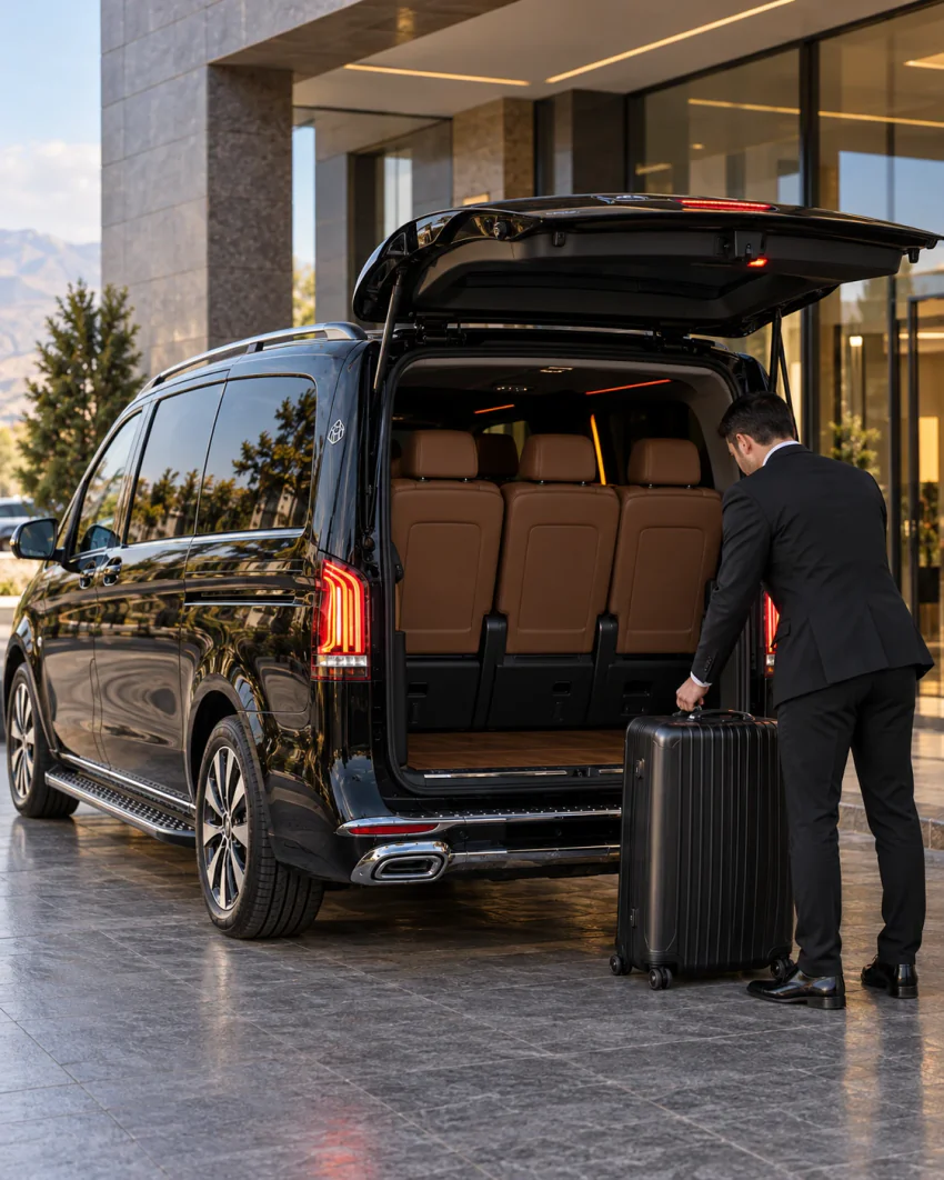 Schräge Heckansicht eines schwarzen Vanvia-VIP-Transferfahrzeugs mit geöffneter Heckklappe; der Chauffeur im Anzug hebt vor einem granitverkleideten Gebäudeeingang einen Koffer an