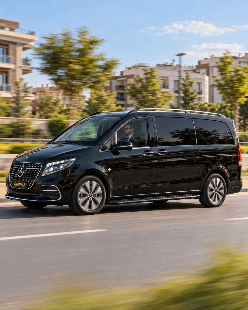 VIP-Transfer Ağrı: ein schwarzes Vanvia-Fahrzeug auf einer Stadtstraße vor Wohnhäusern und Bäumen; durch das Seitenfenster ist ein Chauffeur im Anzug mit Sonnenbrille zu sehen