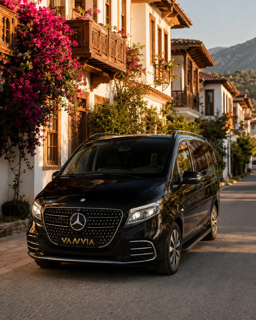 Akyaka'da bugenvil çiçekleriyle kaplı ahşap cumbalı evlerin bulunduğu dar bir sokakta gündüz altın ışıkta ilerleyen siyah Vanvia VIP transfer aracının ön açılı görünümü
