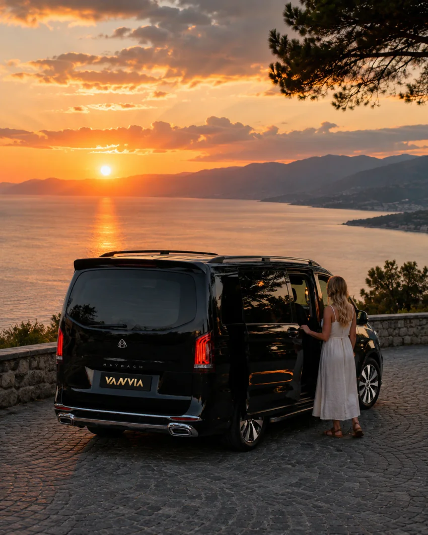Akyaka çevresinde gün batımında körfez manzaralı asfalt bir durak noktasında duran siyah Vanvia VIP transfer aracı ve manzarayı izleyen bir yolcu, taş duvar önünde