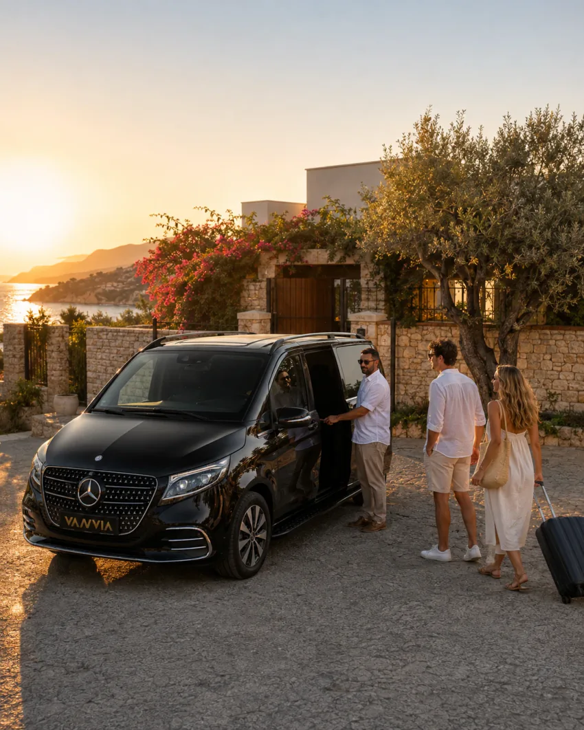 Vanvia VIP-Transferfahrzeug auf der Straße mit Blick auf ein weiß getünchtes Hangdorf auf der Halbinsel Bodrum