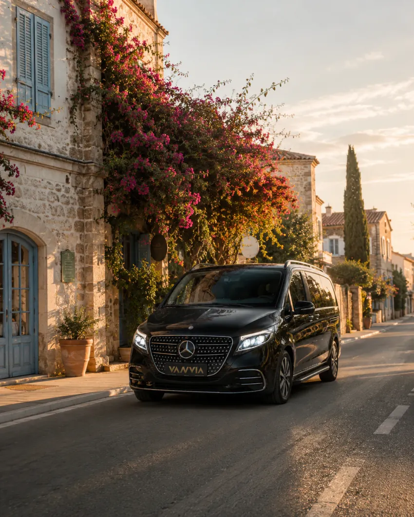 Ein schwarzes Vanvia-VIP-Transferfahrzeug fährt zur goldenen Stunde eine schmale Kopfsteingasse in Alaçatı entlang, vorbei an einem mit Bougainvillea bewachsenen Steingebäude
