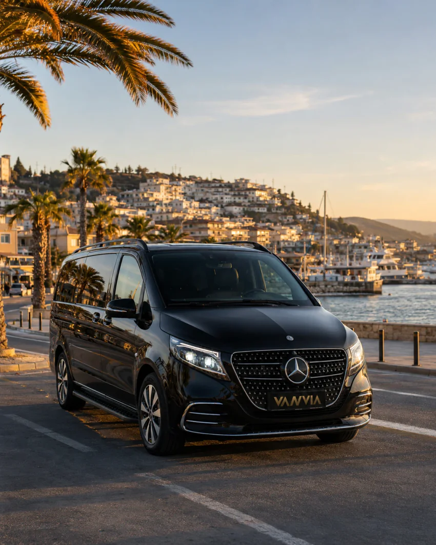 Ein schwarzes Vanvia-VIP-Transferfahrzeug auf der Küstenroute von Alaçatı, mit Blick auf den Hafen von Kuşadası und die weiße Hügelstadt bei Sonnenuntergang