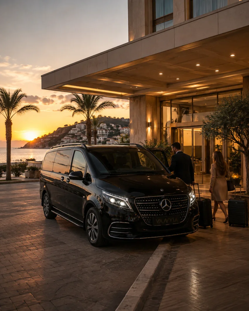 Ein schwarzes Vanvia-VIP-Transferfahrzeug am überdachten Eingang eines Hotels mit Meerblick bei Sonnenuntergang, ein uniformierter Mitarbeiter öffnet die Tür, Gäste gehen mit Gepäck zum Eingang
