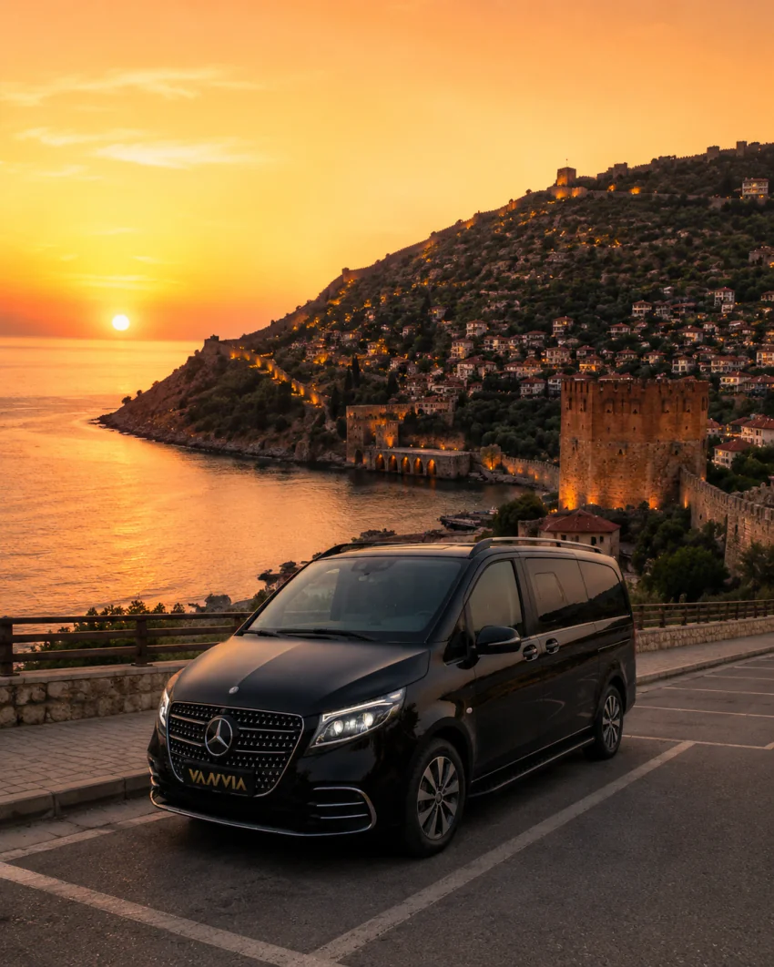Alanya Kalesi'nin surlarının göründüğü, ahşap korkulukla ayrılmış işaretli bir otoparkta gün batımında duran siyah Vanvia VIP transfer aracının arka görünümü