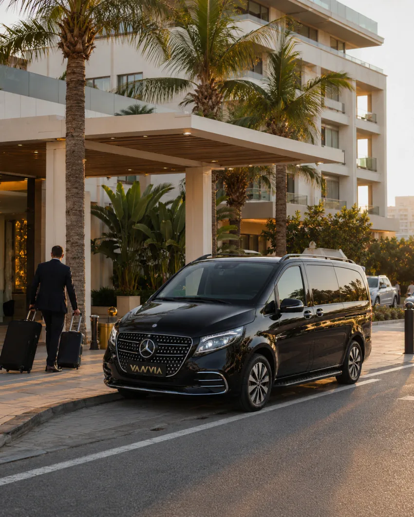 Alanya'da genel bir konaklama girişinde gün batımında bavullarıyla yürüyen misafirler, karşılayan görevli ve önde bekleyen siyah Vanvia VIP transfer aracı, arka planda palmiye siluetleri