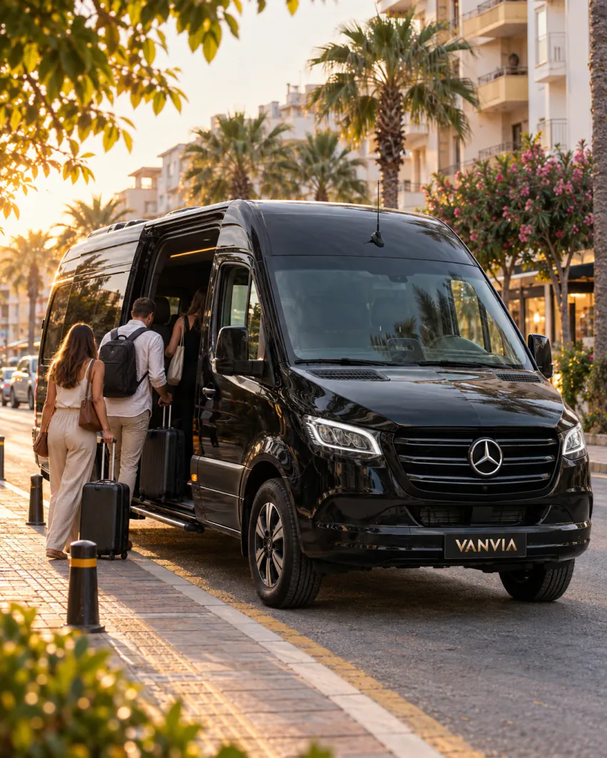 ركاب يصعدون بأمتعتهم إلى سيارة نقل VIP سوداء من فانفيا عند رصيف شارع تصطف فيه النخيل في ألانيا في الضوء الذهبي