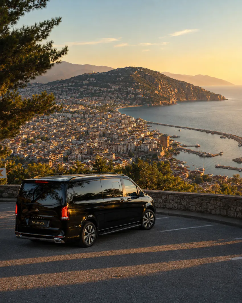 Alanya'nın kale, şehir ve kıyı şeridinin birlikte göründüğü bir seyir noktasında, taş duvar korkuluğun arkasında altın ışıkta duran siyah Vanvia VIP transfer aracının yan görünümü